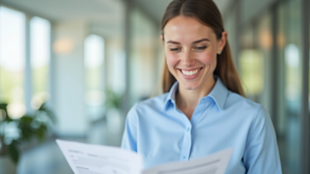 Femme regardant un relevé de compte bancaire avec satisfaction, montrant ses économies